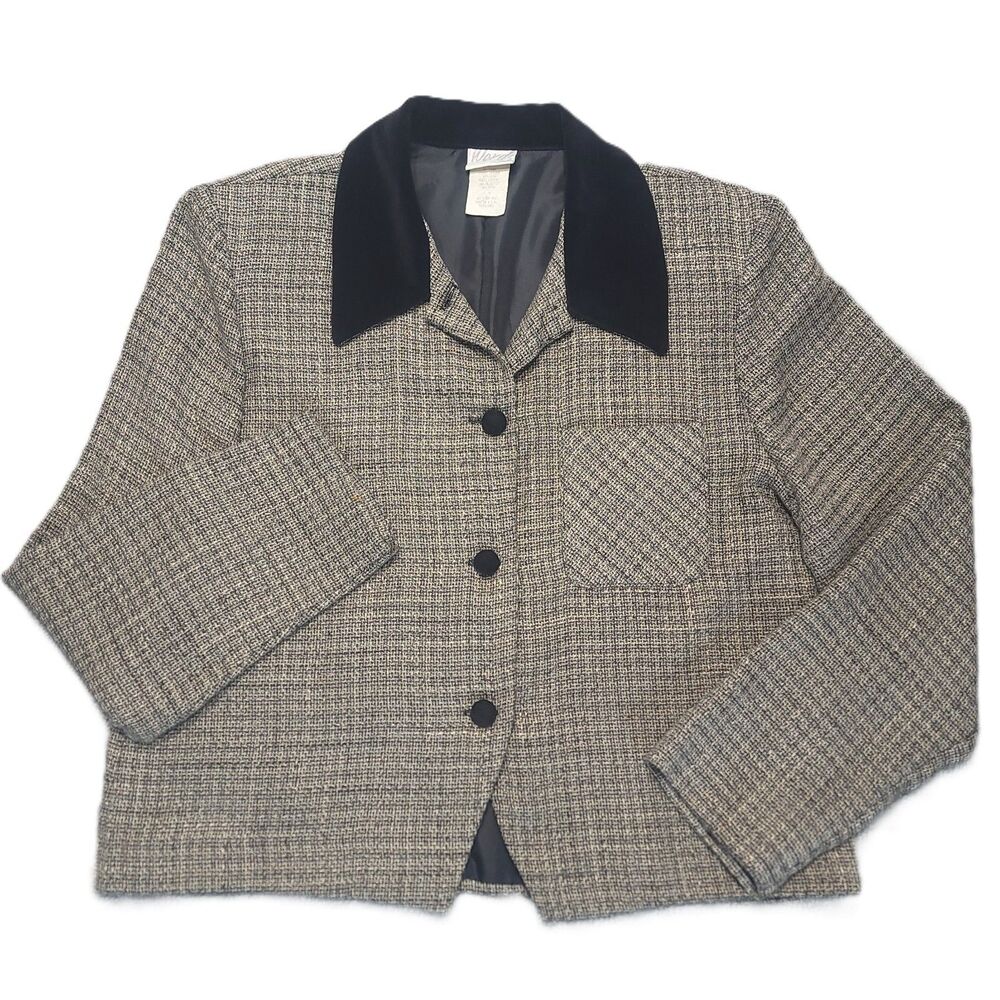 Vintage Words Womens L  Blazer Houndstooth Tweed Velvet Collar USA